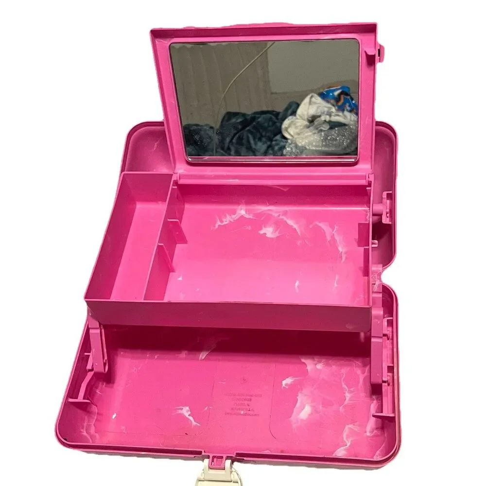 Vintage Caboodles Makeup Case Pink Marbled Train Travel Cosmetic Box Mirror USA